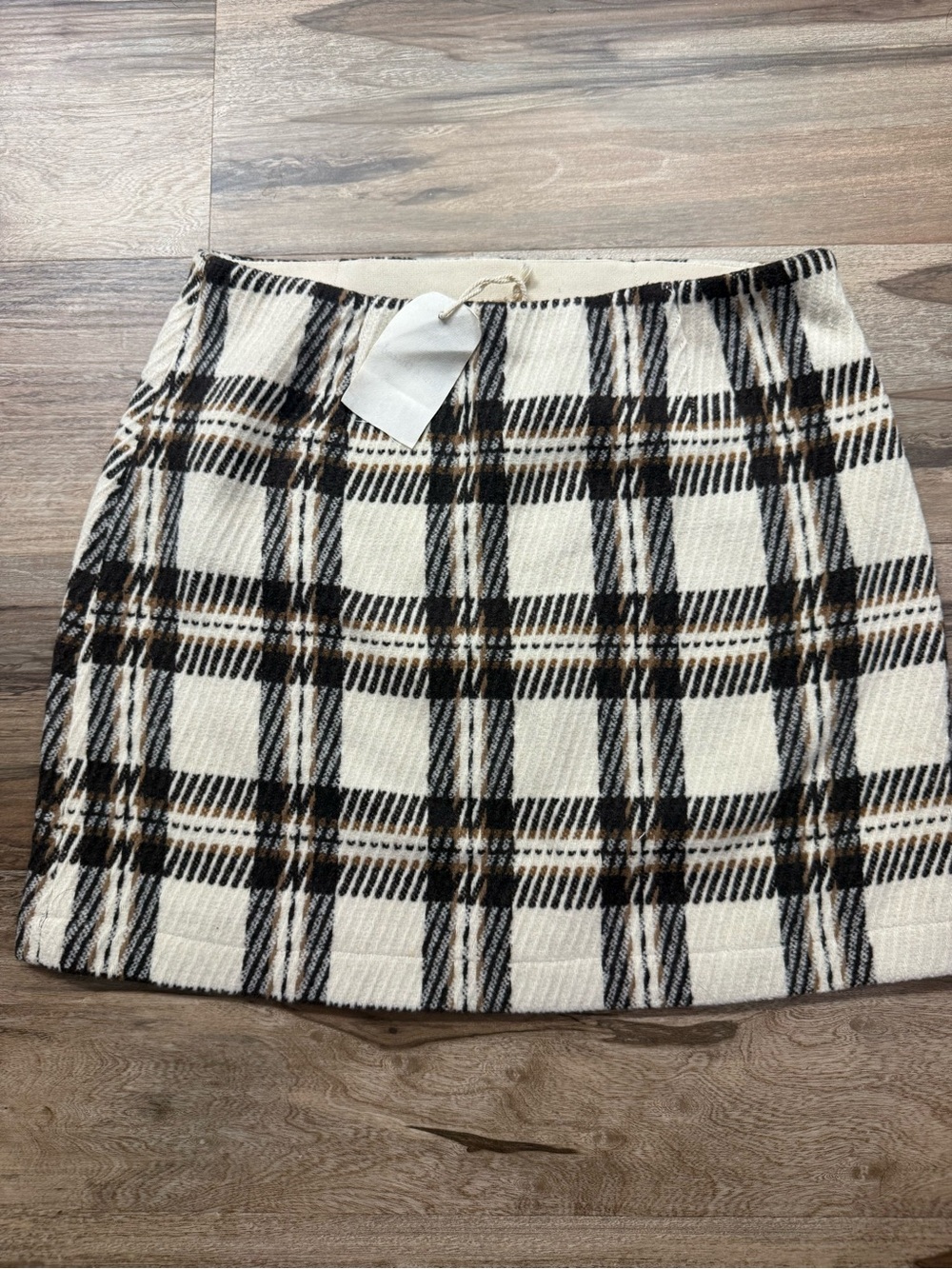 Hem & Thread Cream Plaid Mini Skirt with Black and Brown Checks